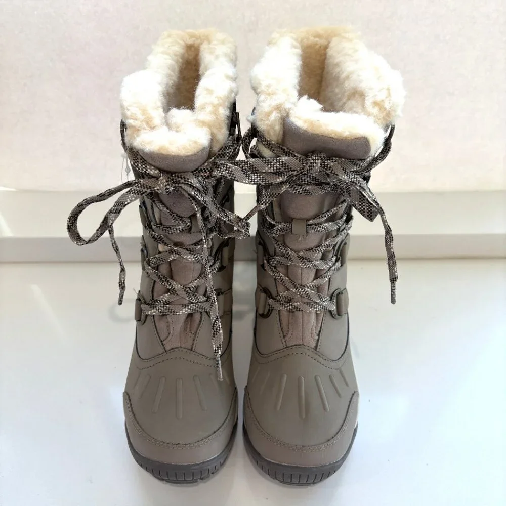 Bearpaw Desdemona Lace Up Tall Boots Leather Faux Fur Stone Gray Size 7 NEW